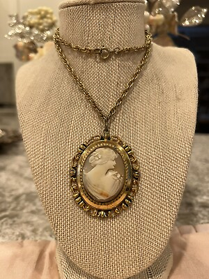 #ad #ad cameo victorian necklace vtg gold color chain large pendant