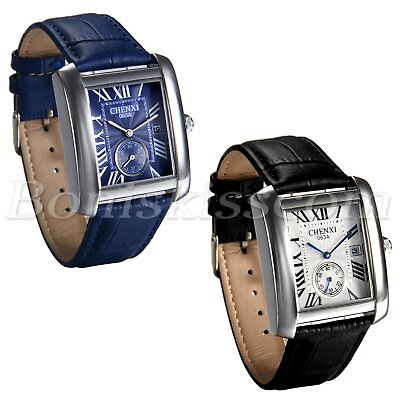 #ad Men#x27;s Casual Retro Roman Numberals Square Dial Leather Date Quartz Wrist Watch