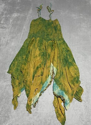 #ad Green Silk Fairy Dress Womens One Size Green Tie Die Pixie Earthy