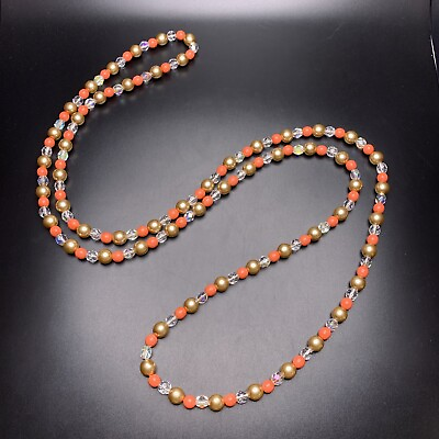 #ad Long Faux Pearl Coral Tone Beaded Necklace Golden Aurora Borealis Classic 44 in