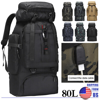 #ad 80L USB Waterproof Hiking Camping Backpack Outdoor Travel Men#x27;s Rucksack Bag