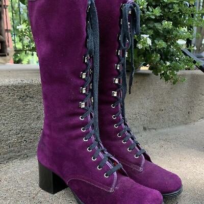 #ad Vintage Purple Suede Mod Go Go Lace Up Boots 1960’s Size 6.5
