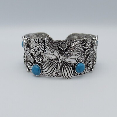 #ad #ad Butterfly Boho Cuff Bracelet 7.6quot; Faux Turquoise Darkened Silver Tone