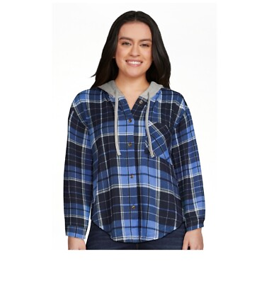 #ad No Boundaries Juniors Small Plaid Hooded Button Up Flannel Shirt Jacket