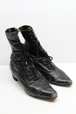 #ad #ad VINTAGE Womens ANTIQUE POINTED TOE VICTORIAN Black LEATHER BOOTS LACE UP