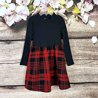 #ad Shein Toddler Girls Black Red Plaid Turtleneck Long Sleeve Flared Dress 4Y