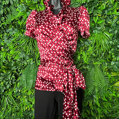 #ad Women Tops Small Red Blouse Polka Dot Ruffle Neck Multi Tie Wrap Sooki 0001