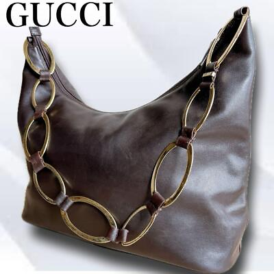 #ad Gucci Shoulder Bag Gold Ring Bucket Leather Dark Brown From Japan