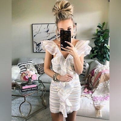 #ad Tularosa Brittany Striped Mini Dress Size Medium Cream Ruffle Sleeveless