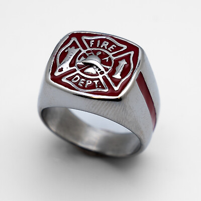 #ad Men#x27;s Stainless Steel Firefighter Ring with Red Stripe 108