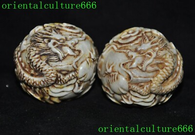 #ad China dynasty Hand Carved exorcism wealth dragon loong Transport ball ball pair