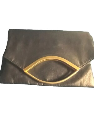 #ad Ladies Leather Navy Clutch Handbag Pocketbook Metal Silver Handles Navy