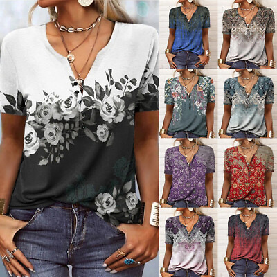 #ad Women Floral V Neck Short Sleeve T Shirt Blouse Summer Casual Baggy Tunic Tops