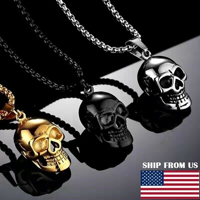 #ad Gothic Mens Biker Skull Pendant Necklace Pop Men Stainless Steel Chain Silver US