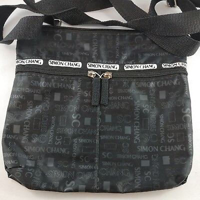 #ad Simon Chang Handbag Shoulder Bag Cross Body Black Zip Vinyl 9.5x10quot; New b19