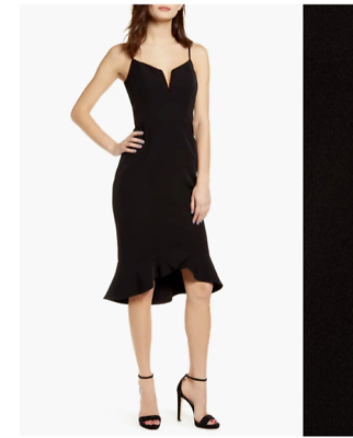 #ad 🖤 BARDOT Black Notch V Neck Kristen Flounce Ruffle Hem LBD Dress 10 US LARGE