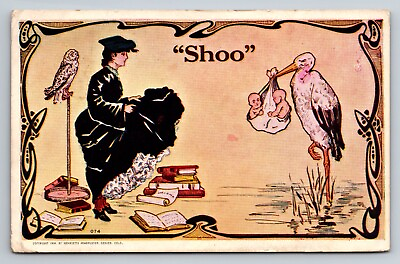 #ad Shoo Stork Bringing Twin Babies Vintage Posted 1908 Postcard