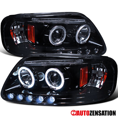 #ad LED Halo Fit 1997 2003 Ford F150 Expedition Black Smoke Projector Headlights