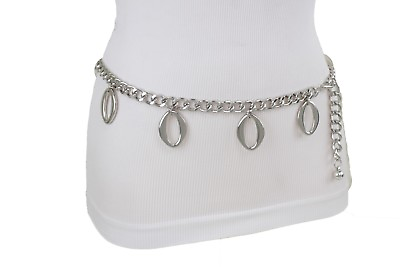 #ad Women Silver Skinny Belt Metal Chain Hip High Waist Oval Charm Drops Size M L XL