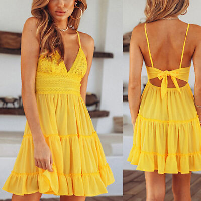 #ad Women Boho V Neck Lace Mini Dress Ladies Casual Holiday Summer Beach Sundress*US