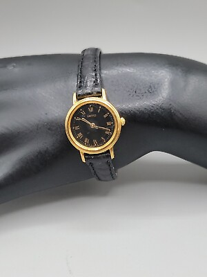#ad Vintage Seiko Ladies Quartz Watch V401 1409 Black Dial amp; 7quot; Band Gold Tone Runs