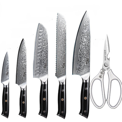 #ad 6Pcs TURWHO Chef Santoku Knife Japanese VG10 Damascus Steel Kitchen Shears Set