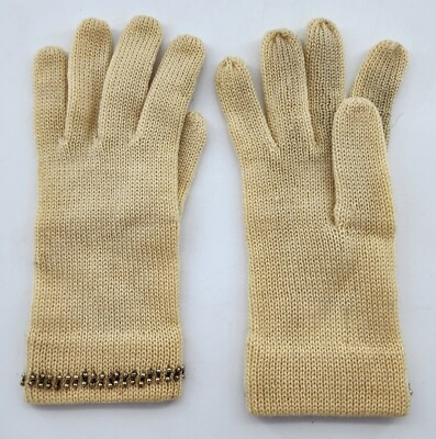 #ad Vintage Women#x27;s Knit Gloves Beaded Wrist 100% Wool Ivory Size Medium