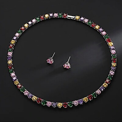 #ad 18k Platinum Plated Multicolor Tennis Necklace Earrings made w Swarovski Crystal