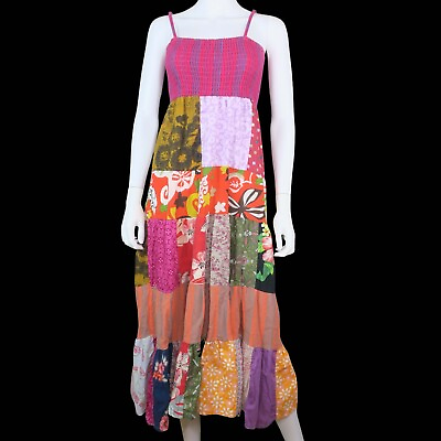 #ad Vintage Patchwork Boho Midi Summer Sundress Smocked Women#x27;s Small