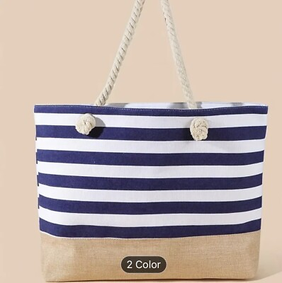 #ad New Canvas Beach Bag Large Tote Zippered Waterproof Lining Blue White Stripes