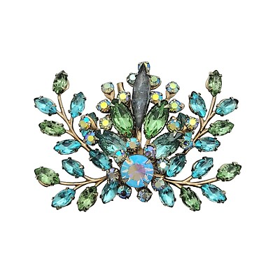 #ad Vintage Rhinestone Brooch Aurora Borealis Crystal Layered Floral Spray