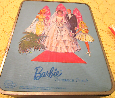 #ad VTG Barbie Wedding Trousseau Trunk Doll Case Mattel 1964 Graphic both sides