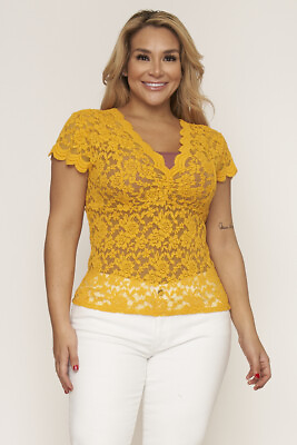 #ad Womens Plus Size Yellow Lace Overlay Top 1X Short Sleeve Stretch Summer Travel