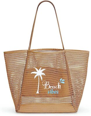 #ad #ad Mesh Beach Tote Large Capacity Beach Bag Women Foldable Zipper Pocket Khaki