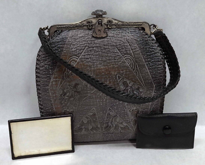 #ad Vintage Leather Purse w Mirror amp; Coin Purse Metal Clasp Dated July 1918
