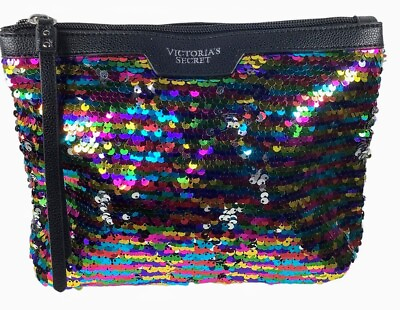 #ad NWOT Victoria Secret Black Multicolor Sequin Faux Leather Travel Make Up Bag