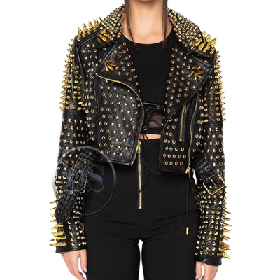 #ad Women#x27;s Genuine Leather Golden Studded Jacket Rock Punk Fashion Leather Jacket