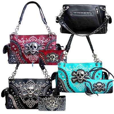 Rhinestone Skull Punk Concealed Carry Purse Women Handbag Shoulder Bag Wallet $43.95