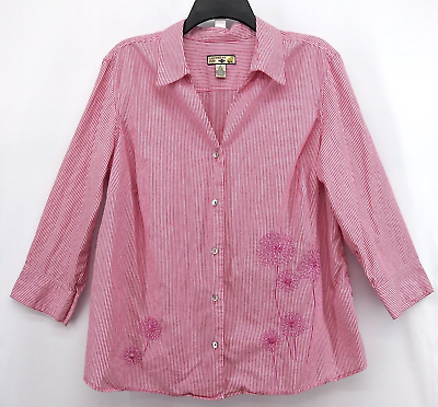 #ad Caribbean Joe Shirt Womens 1XL Pink Striped Button Up Blouse