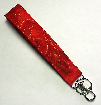 #ad Fabric Key Chain Fob Wristlet Zip Pull Handle Cotton Lobster Clasp Red Gold