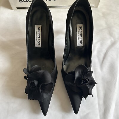#ad Black SATIN POINTED TOE PUMP SIZE 6B GOOD Condition made in Spain