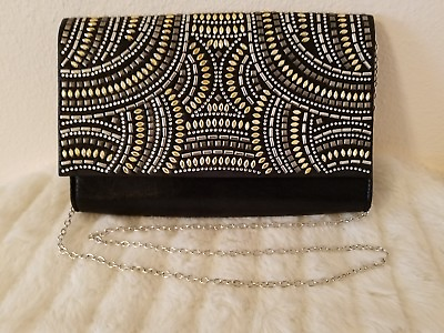 #ad NEW Black Silky Evening Bag Purse Beaded Gold Silver Formal