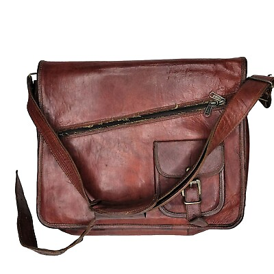#ad Vintage Vtg Leather Rustic Satchel Messenger Bag 15quot; Brown