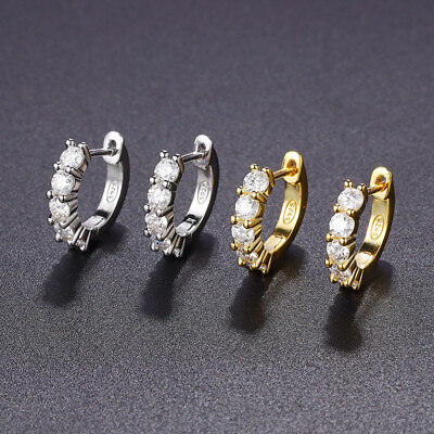 #ad 925 Sterling Silver 3mm D Color Moissanite Hoop Earrings Plated Gold Women Girls