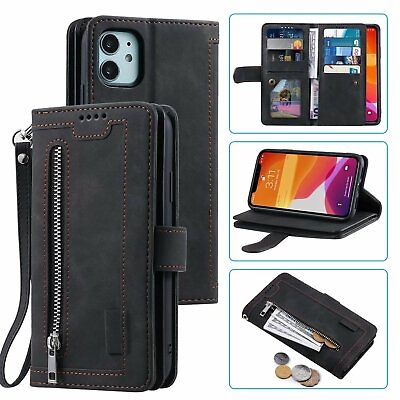 #ad Fashion Stitching Leather Phone Case Cover Back with 9 Card slot Wrist strap