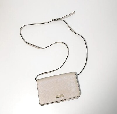#ad Henri Bendel Cream Beige Metallic Phone Crossbody Wallet Bag Leather