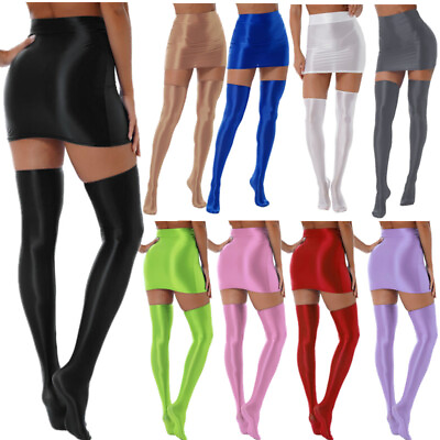 #ad US Womens Glossy Sexy Lingerie Set High Waist Mini Skirt with Stockings Clubwear