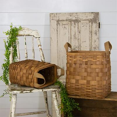#ad Set of 2 Woven Chipwood Storage Baskets with Fabric Handles