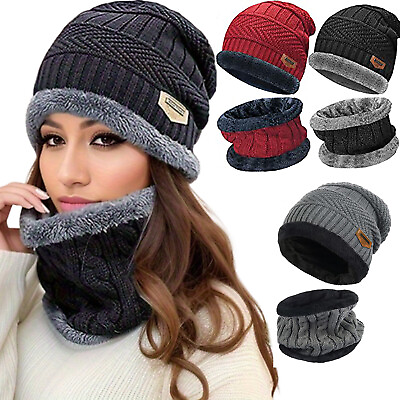 #ad Mens Womens Winter Beanie Hat Scarf Set Warm Knit Thick Fleece Lined Cap Warmer
