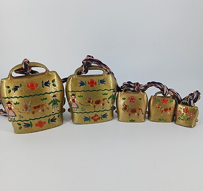 #ad Brass Hand Painted Enamel Cow Bells 5 On Colorful Rope Vintage Floral 44in
